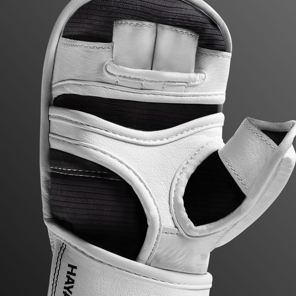 Y-Volar design on the white T3 7oz gloves